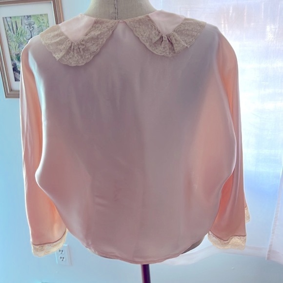 Vintage Satin and Lace Bed Coat with Smocking and Rhinestone Buttons - Picture 8 of 8